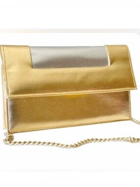 Vtg.50s Warborg Hong Kong Art Deco shiny gold and silver bag with chain strap.